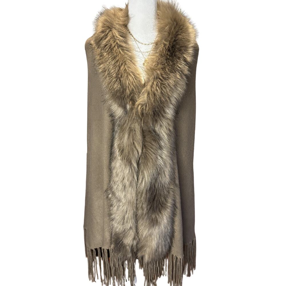 Faux Fur Fringe Cape Vest Taupe Mushroom Size S/M